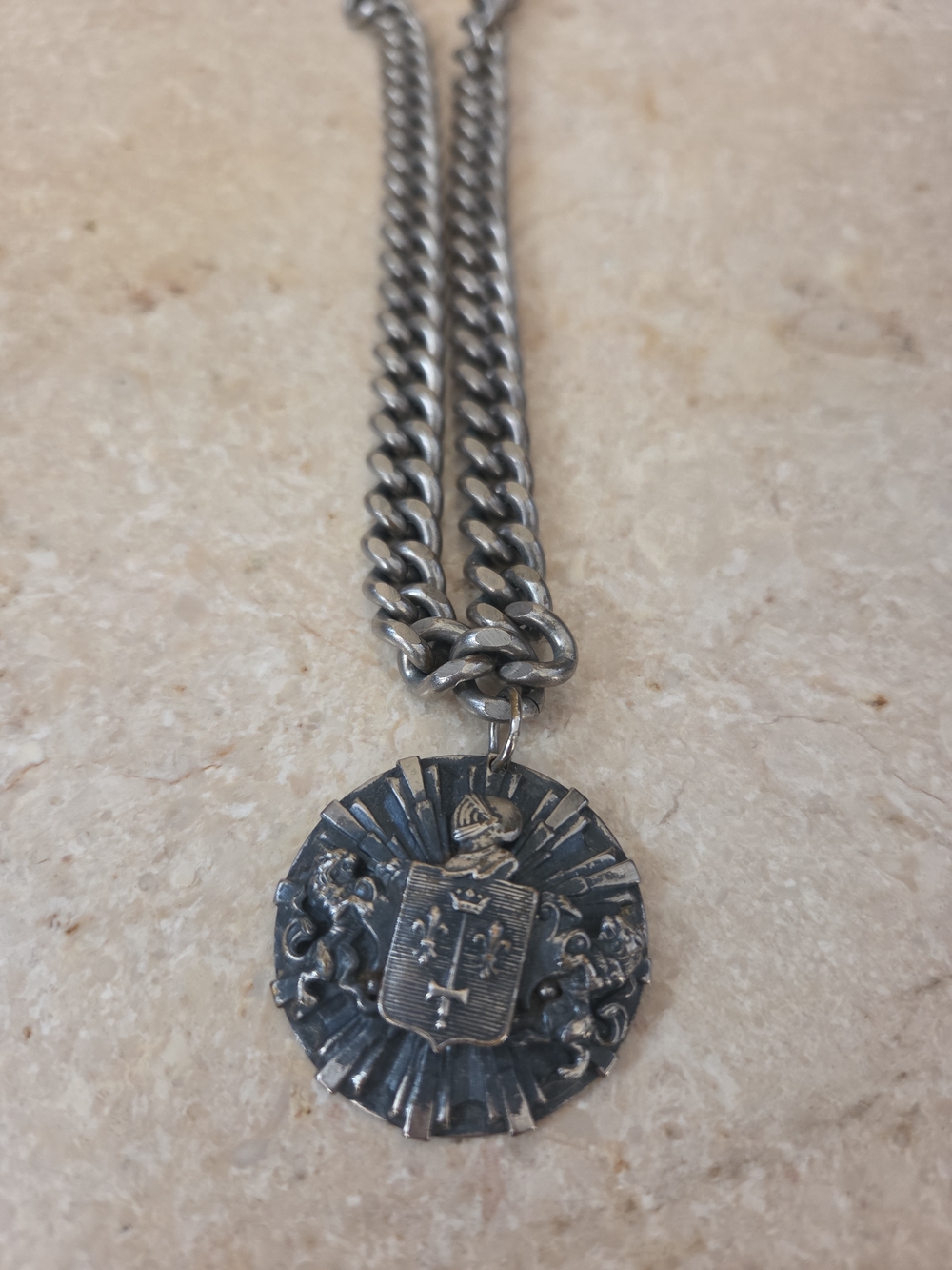 Vtg Heraldic Crest Pendant Necklace Fleur-de-Lis Lions Shield Heavy Chain Medali
